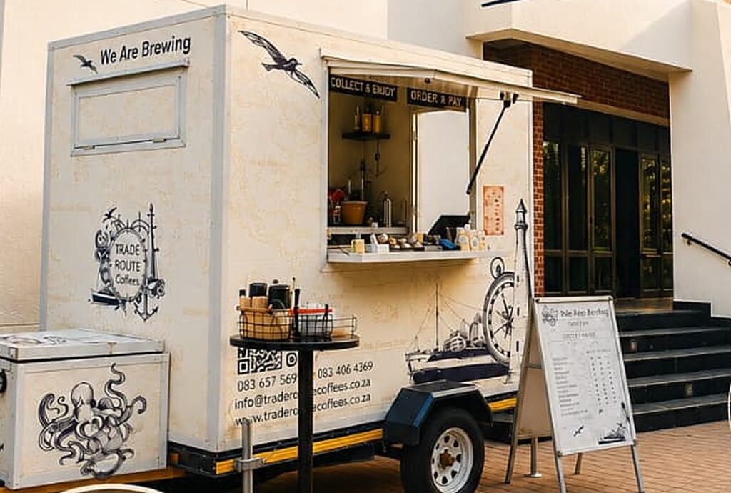Mobile coffee bar hire Cape Town — the Trade Route coffee trailer set up at an event